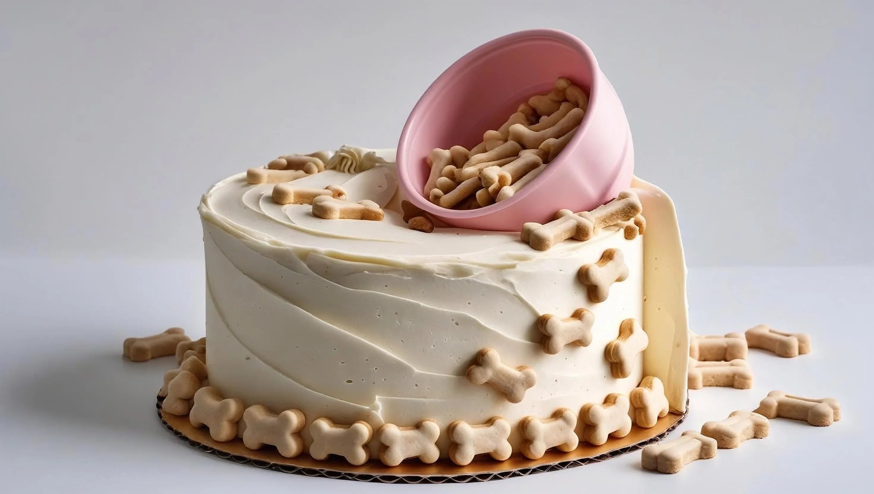 Dog treat cake with dog biscuits and small dog bowl