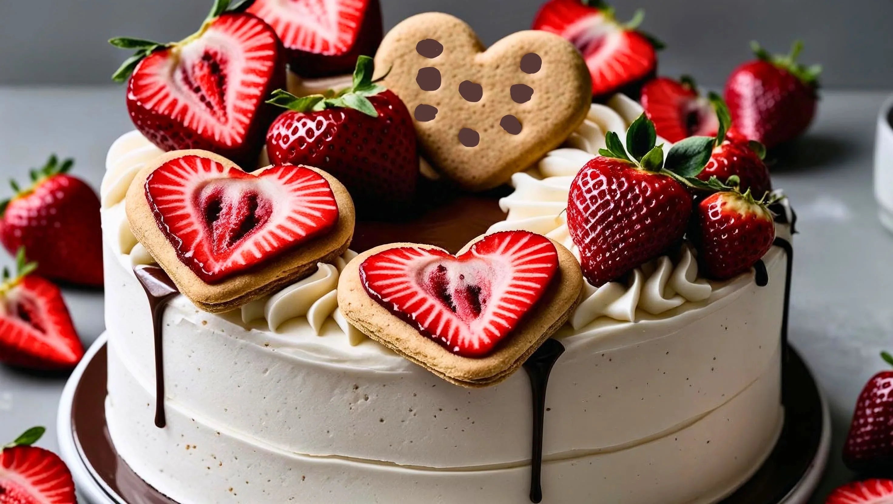 Dog cake decorated with strawberries and dog biscuits